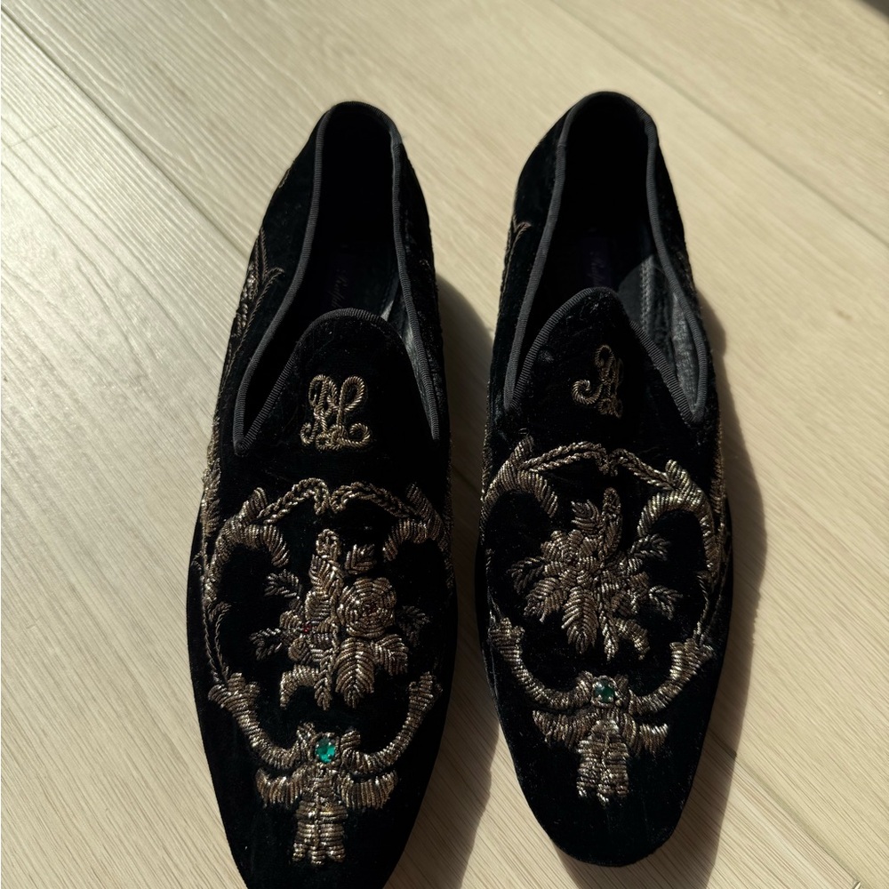 Ralph Lauren Purple Label Black Loafers with Gold Embroidery